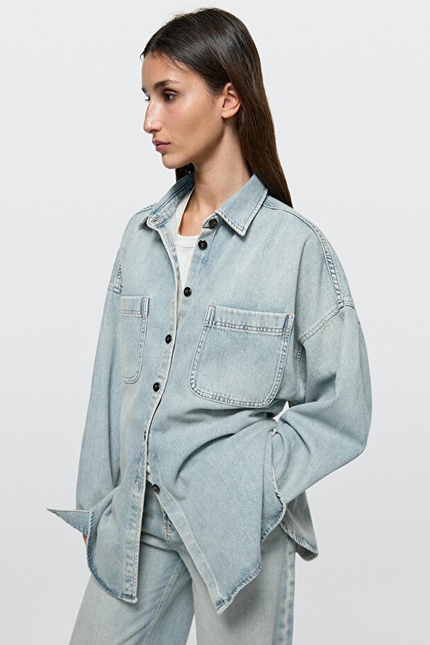 Oversize cepli denim gömlek - 3