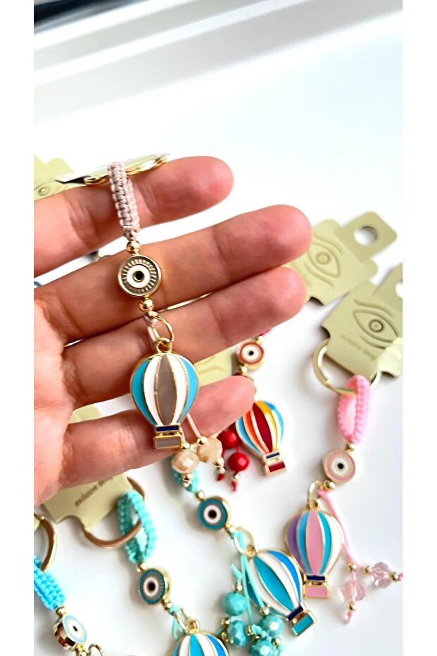 Beige Balloon Patterned Evil Eye Beaded Keychain - 4