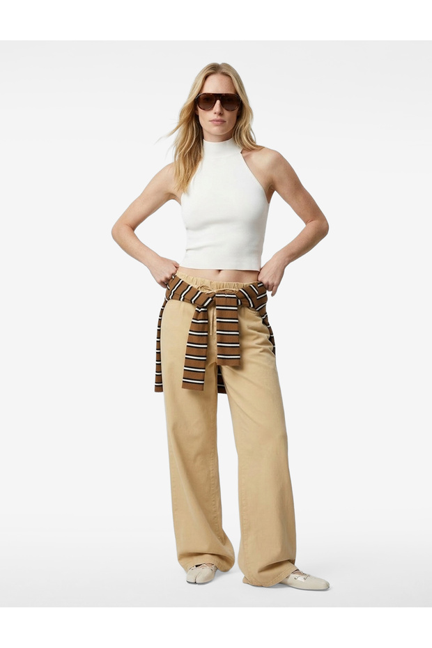 Cotton Wide-Legged Trousers with Pockets and Tie-Waist - Loose Straight Fit Jeans