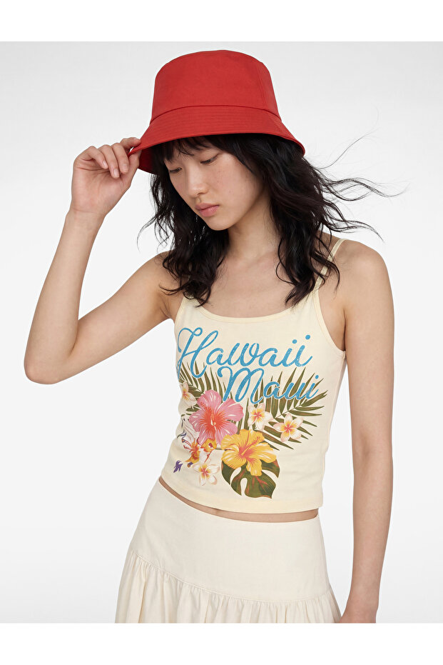 Cotton Rope Strap Hawaiian Printed Slim Fit Blouse
