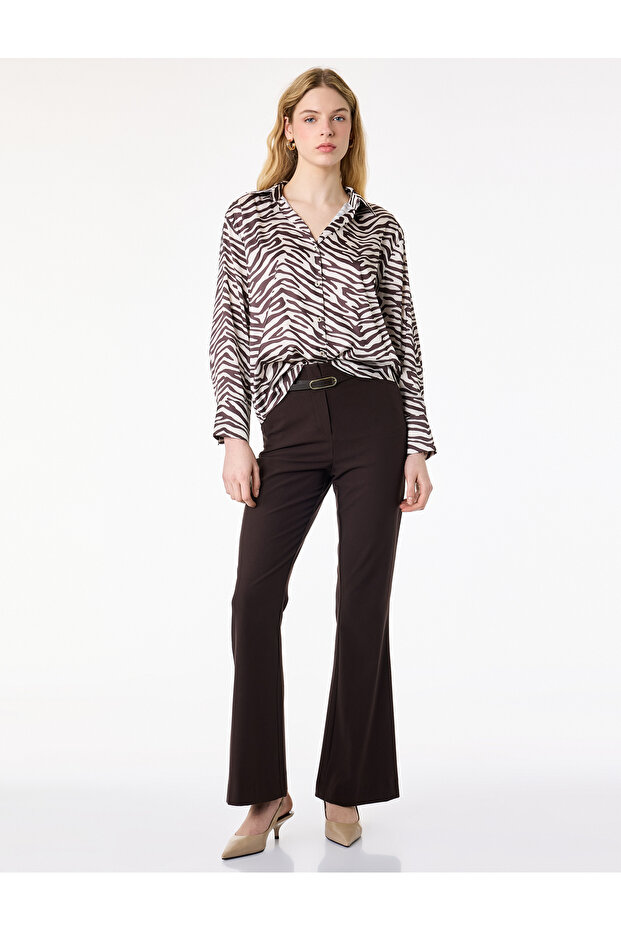 Long Sleeve Buttoned Zebra Print Classic Collar Satin Shirt