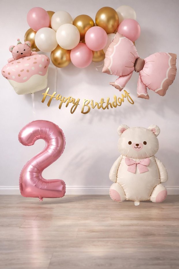 Retro 2 Year Old Teddy Bear Themed Baby Girl Concept Birthday Set