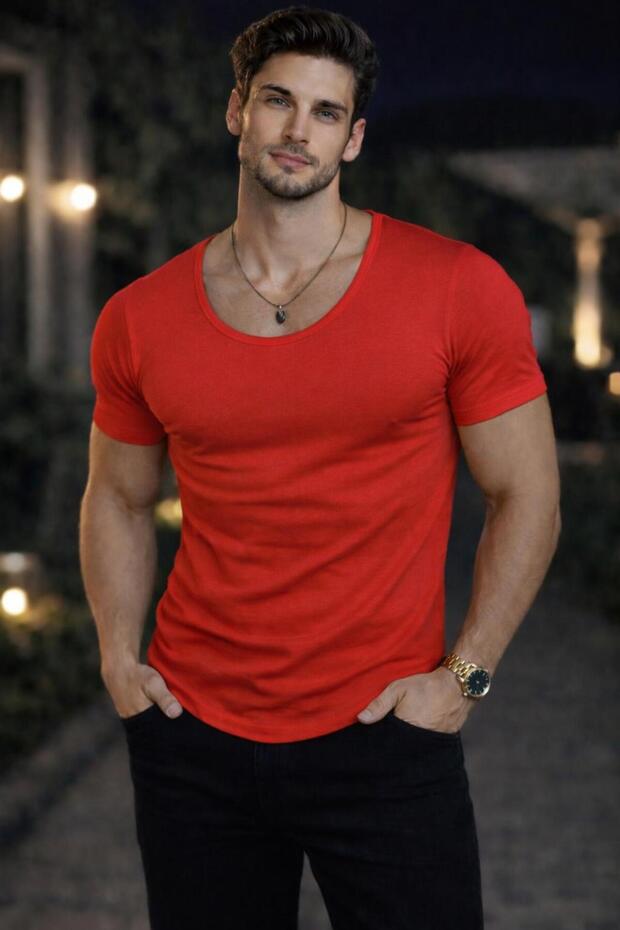 Men's Oval Collar T-Shirt Open Collar Lycra Slim Fit T-shirt Red Vr098