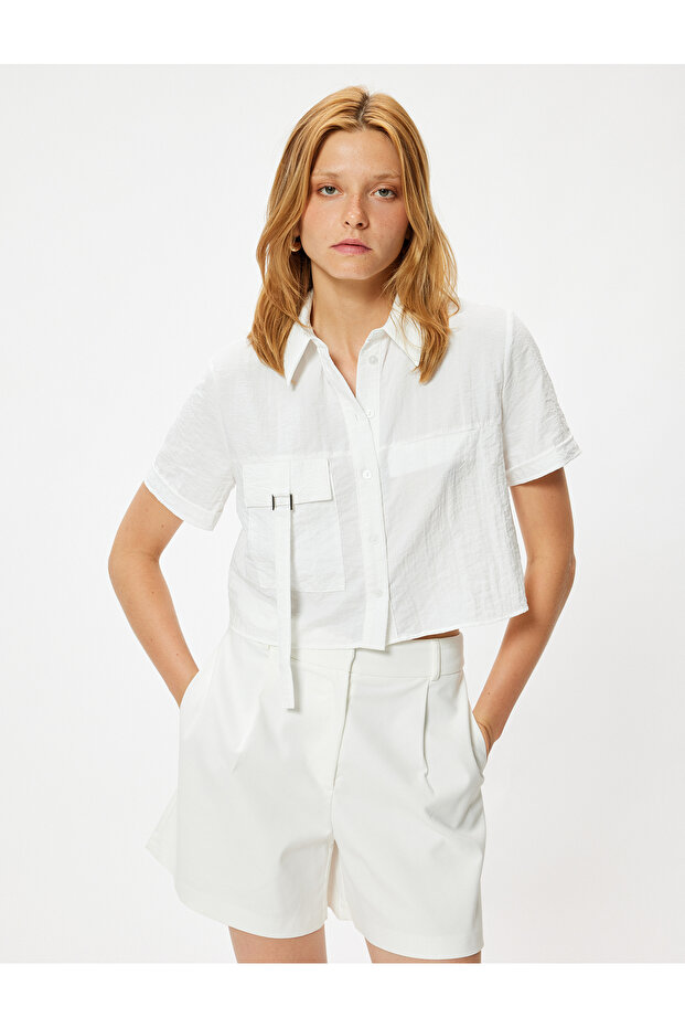 Crop Shirt Short Sleeve with Flap Pocket Detail Textured