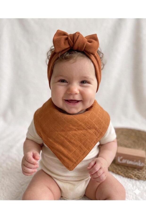 Baby Girl Cinnamon Rib Knit Headband and Muslin Scarf Set