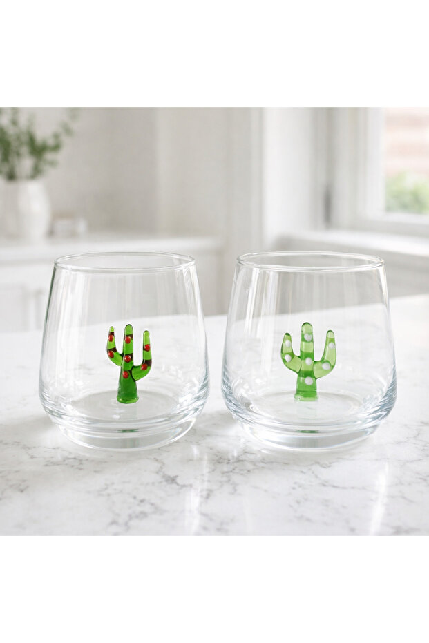 Cactus Glass Figured Decorative Water Glass Set of 2
