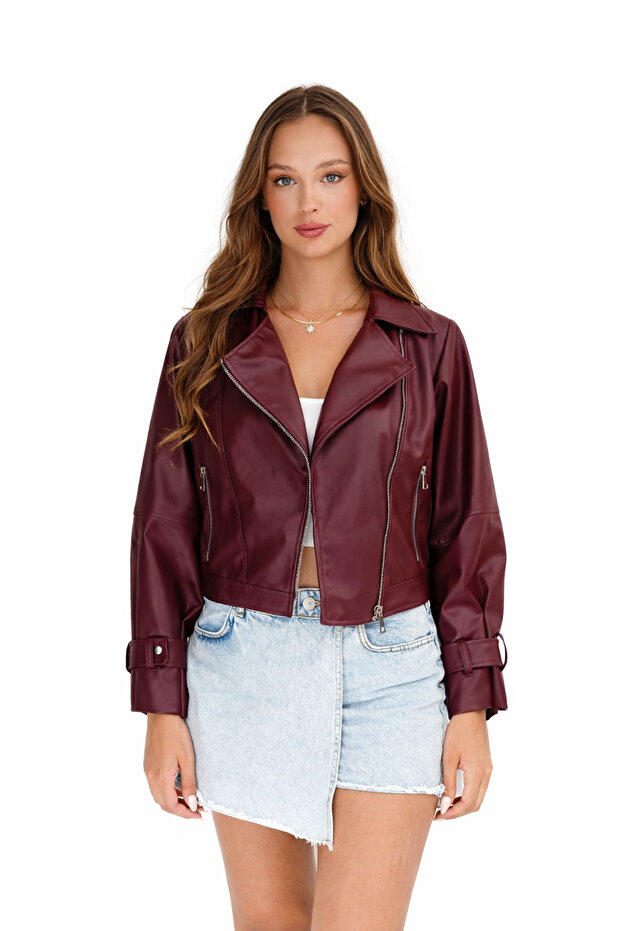 Balloon Sleeve Burgundy Oversize Women's Leather Jacket