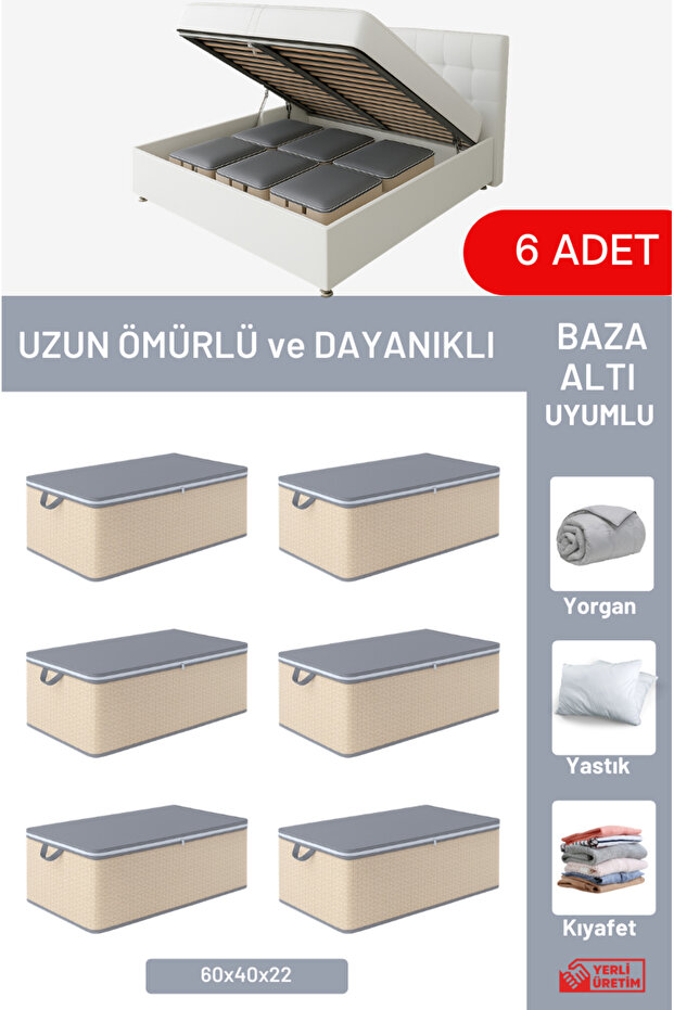 Set of 6 - Geometric Striped Beige Large Size under Bed & under Sofa Storage Bins (65 X 45 X 22 cm)