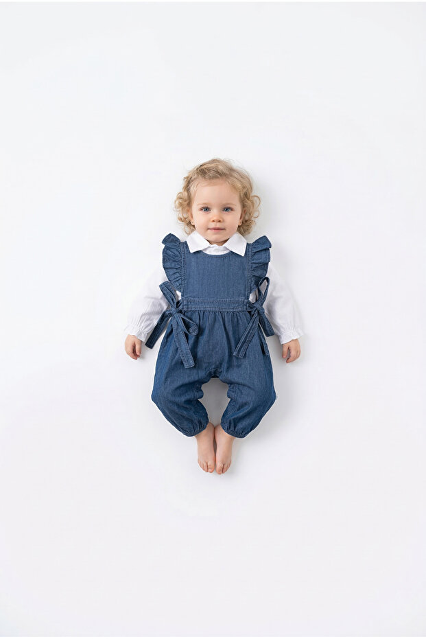 Baby Girl & Kids Denim Jumpsuit Set with Shirt and Ruffled Straps