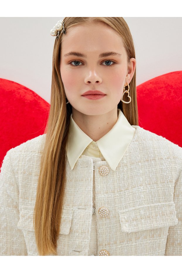 Buttoned Long Sleeve Round Neck Tweed Jacket
