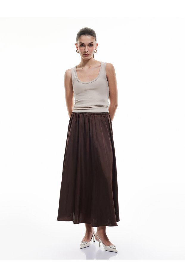 Flared Pleated Satin Bell Skirt with Elastic Waist Detail