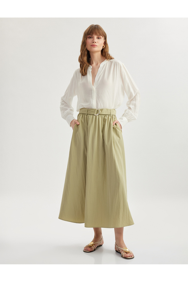 Loose Fit Parachute Fabric Belted Pocket Long Flared Skirt