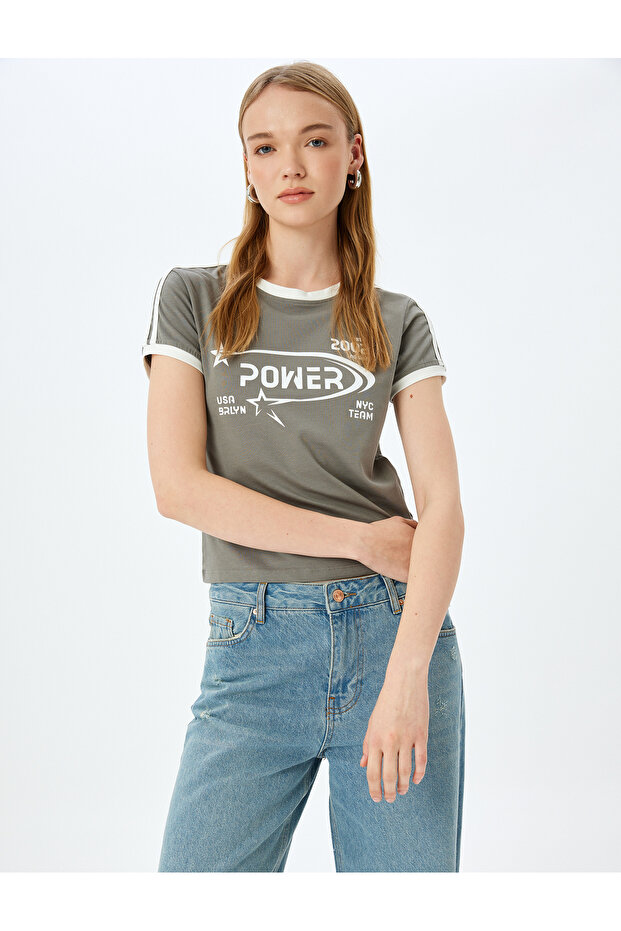 Slogan Printed Crew Neck Short Sleeve Trim Slim Fit T-Shirt