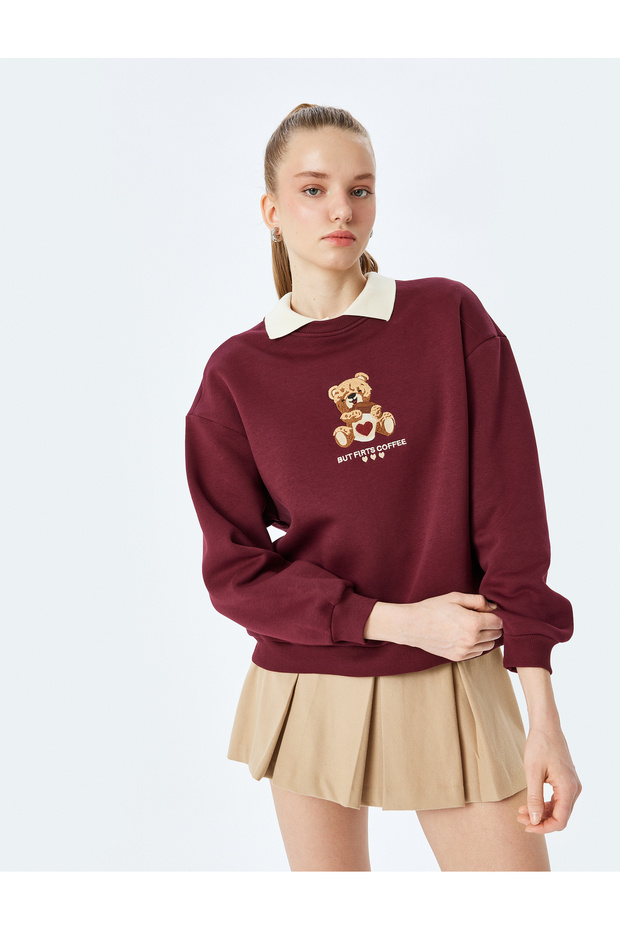 Raised Bear Embroidered Long Sleeve Crew Neck Oversize Sweatshirt