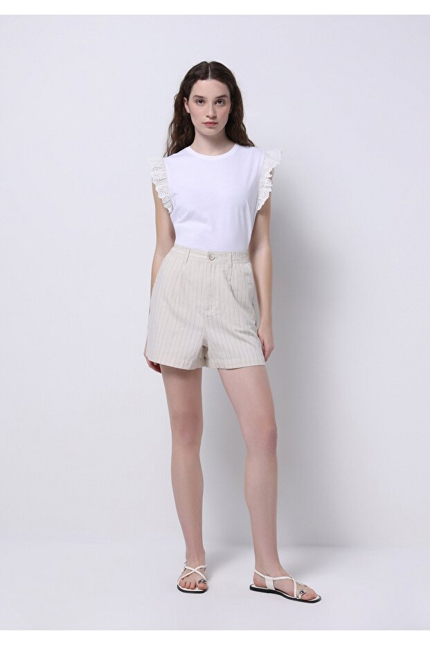 Regular Fit High Waist Striped Women's Stone Shorts