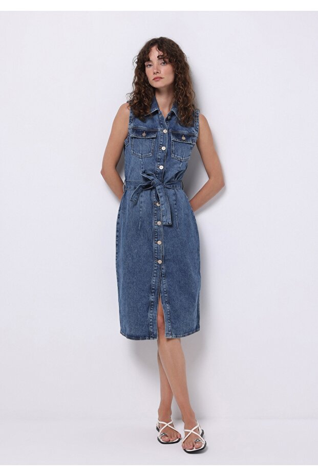 Slim Fit Straight Women's Blue Sleeveless Dress
