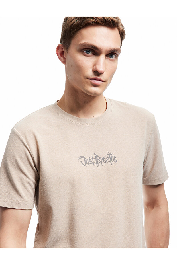Slogan Printed Short Sleeve Pique Fabric Crew Neck Slim Fit T-Shirt