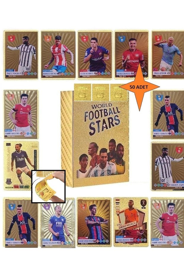 Football 50 Pieces Metallic Unbreakable 3D Football Player Cards Gold Pogba Playing Card 50-Piece Gold Pack Does Not Rust or Deform
