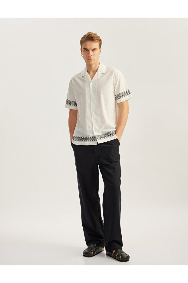 Cotton Turn-Down Collar Regular Fit Pattern Embroidered Short Sleeve Shirt