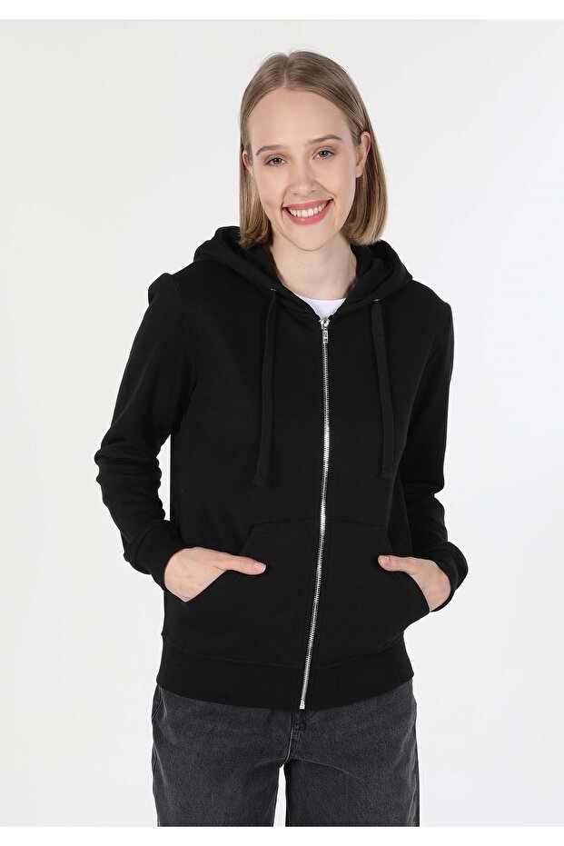 Regular Fit Örme Kapüşonlu Düz Kadın Siyah Sweatshirt - 4