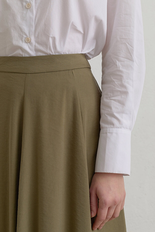 Parçalı Modal Basic Kloş Etek Haki - 3