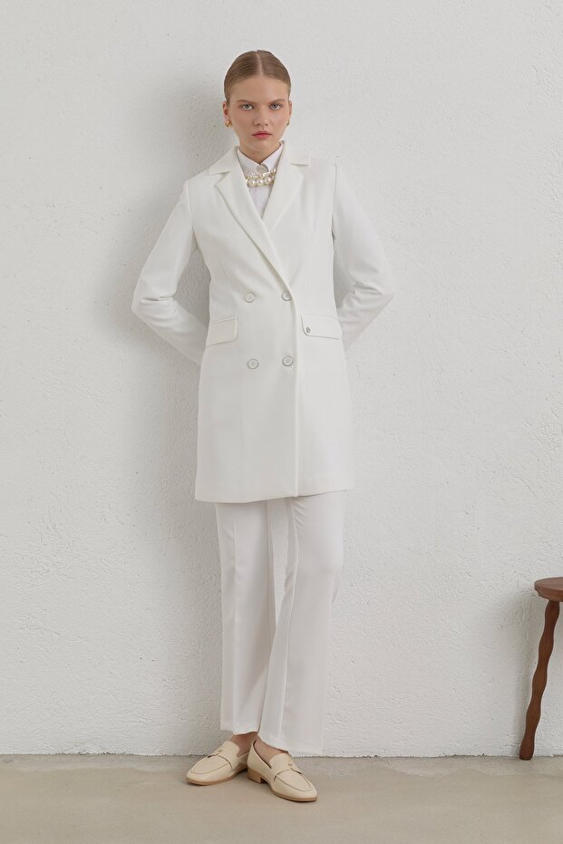 Kruvaze Blazer Basic Ceket Ekru - 1