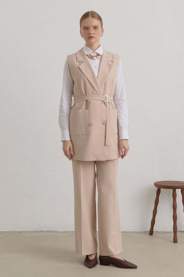 Kuşaklı Blazer Basic Yelek Taş - 1