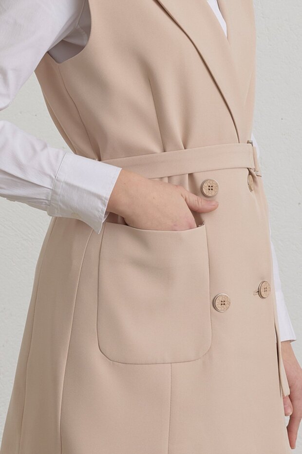 Kuşaklı Blazer Basic Yelek Taş - 3