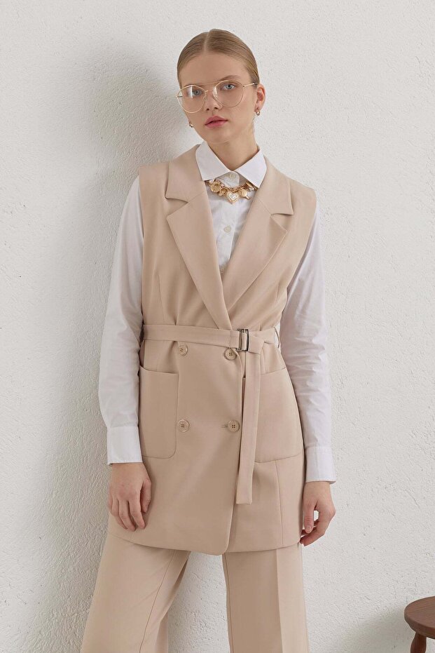 Kuşaklı Blazer Basic Yelek Taş - 2