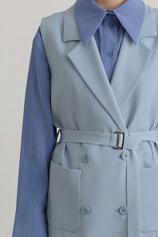 Kuşaklı Blazer Basic Yelek Açık Mavi - 3