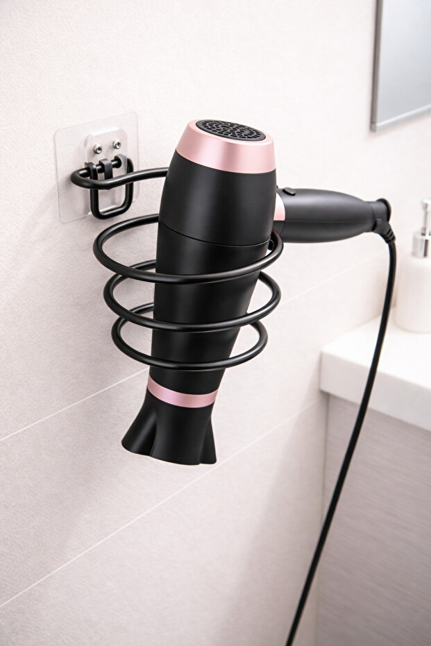 Black Metal Blow Dryer Holder | Adhesive Wall Mounted Hair Dryer Hanger Organizer
