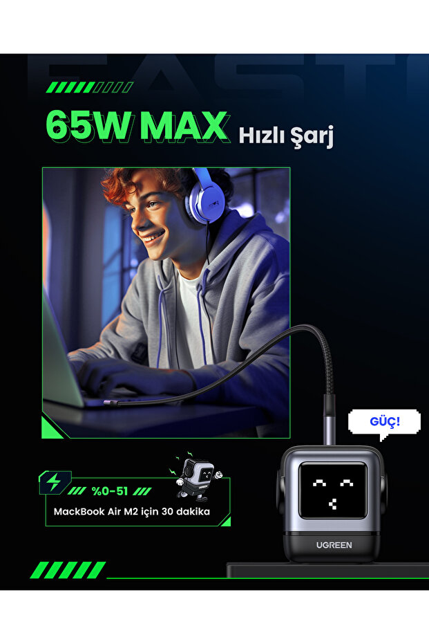 Nexode Uno 65W Robot GaN Hızlı Şarj Cihazı 2xUSB-C, 1xUSB-A, Gri, 25685B - 7