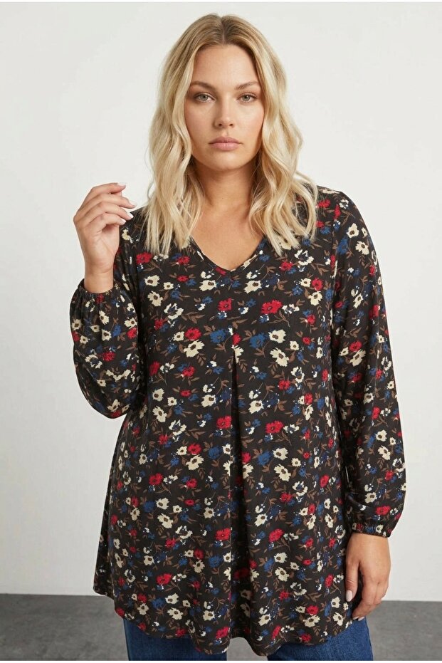 Plus Size Long Sleeve V Neck Front Pleated Floral Print Blouse 303720