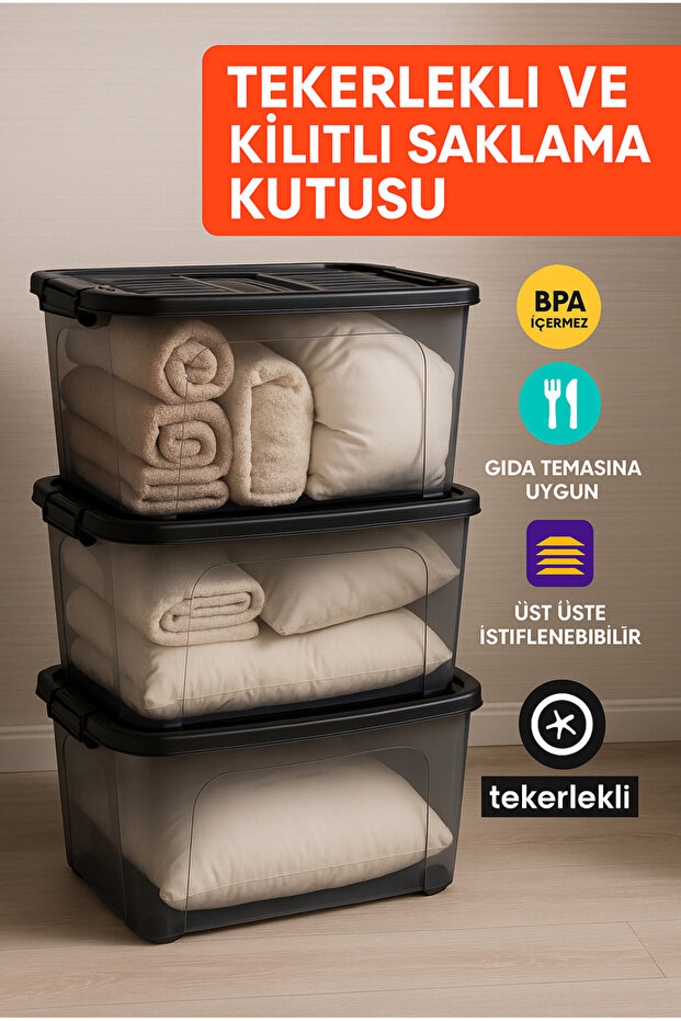90 Lt Storage Box with Lock and Wheels, Large Size, Stackable - 1