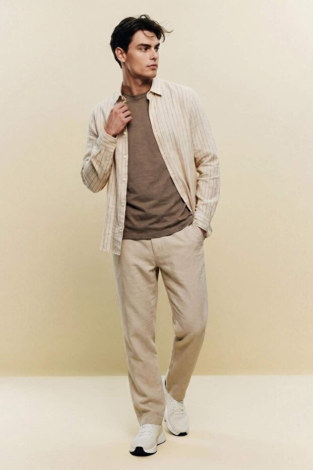 100% Cotton Regular Fit Linen-Look Straight-Leg Summer Jogger Pants with Pockets B4138Ax26Sp