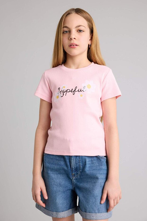 Corded Fabric Ribbed Knit T-Shirt for Girls H5295A826Sm