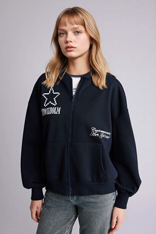 Oversized Hooded Printed Zippered Sweatshirt G9596Ax26Sp - 4