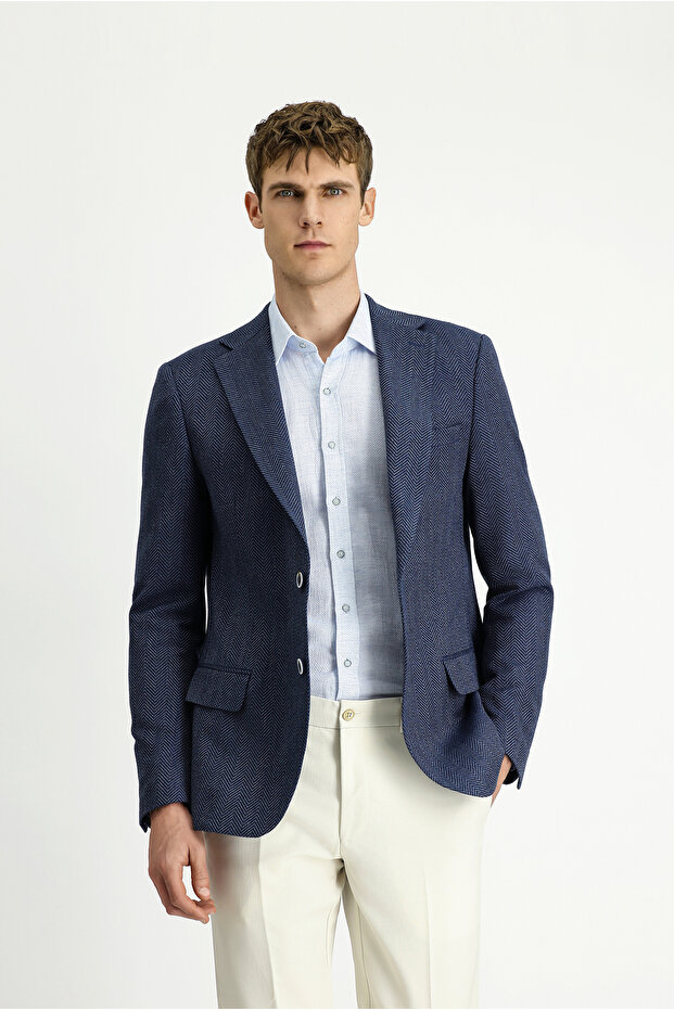 Regular Fit Woolen Herringbone Jacket - 5