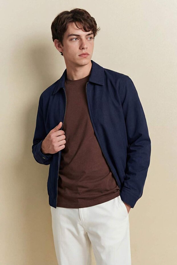 Regular Fit Shirt Collar Zippered Cotton Coat F8518Ax26Sp