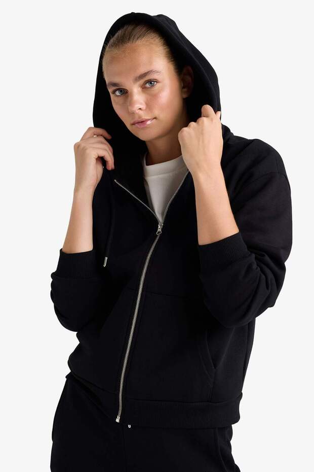 Relax Fit Kapüşonlu Basıc Kalın Fermuarlı Sweatshirt C1809AX25AU - 4
