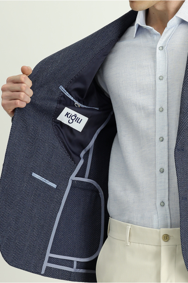 Regular Fit Woolen Herringbone Jacket - 7