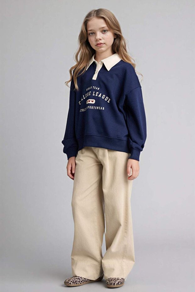 Суитшърт с поло яка и принт за момичета E6841A826SP - 2