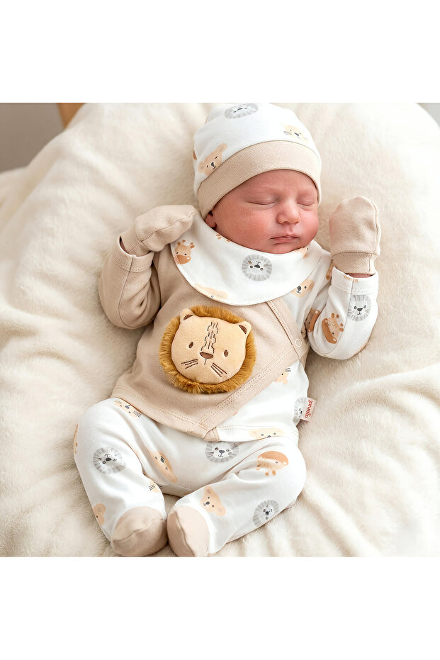 Baby Boy Lion 5-Piece Bodysuit Set with Accessories – 0-3 Months Newborn Cotton Set