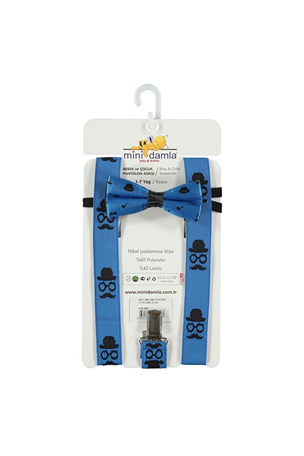 Mustache Print 2-9 Years Belt and Suspenders - Blue