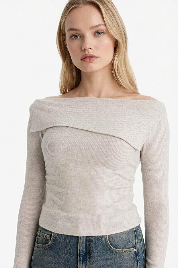 Fitted Open Shoulder Corded Fabric Ribbed Knit Long Sleeve T-Shirt G7374Ax25Cw