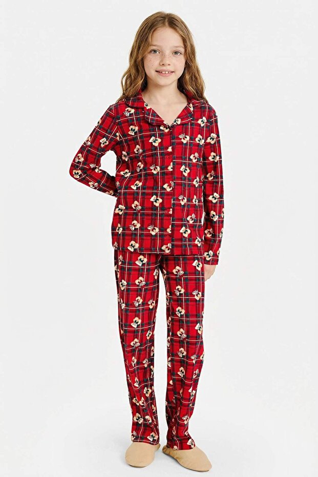 100% Cotton Checkered Teddy Bear Pajama Set for Girls G7434A825Wn