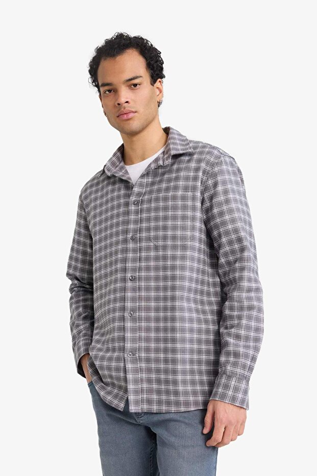 Regular Fit Polo Collar Flannel Long Sleeve Shirt G5377Ax25Wn