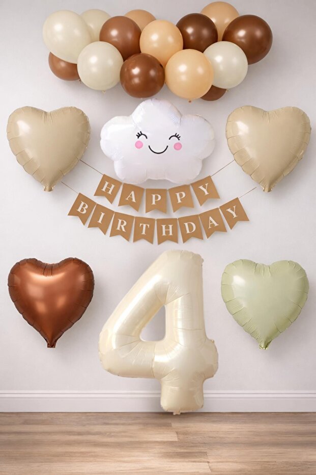 4 Year Old Retro Birthday Set; Cream Number Foil, Banner, Heart Foil and Latex Balloon