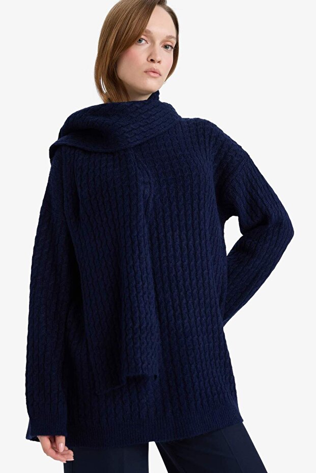 Regular Fit Scarf Detailed Knitwear Sweater Tunic G7238Ax25Cw
