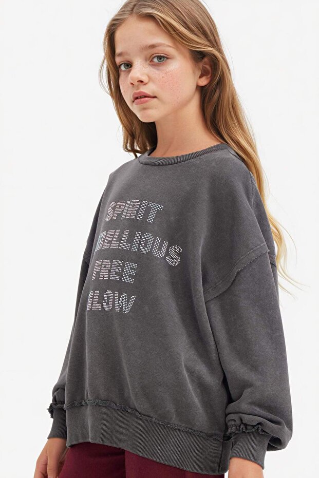 Oversize Wide Fit Crew Neck Printed Sweatshirt for Girls G2462A825Wn